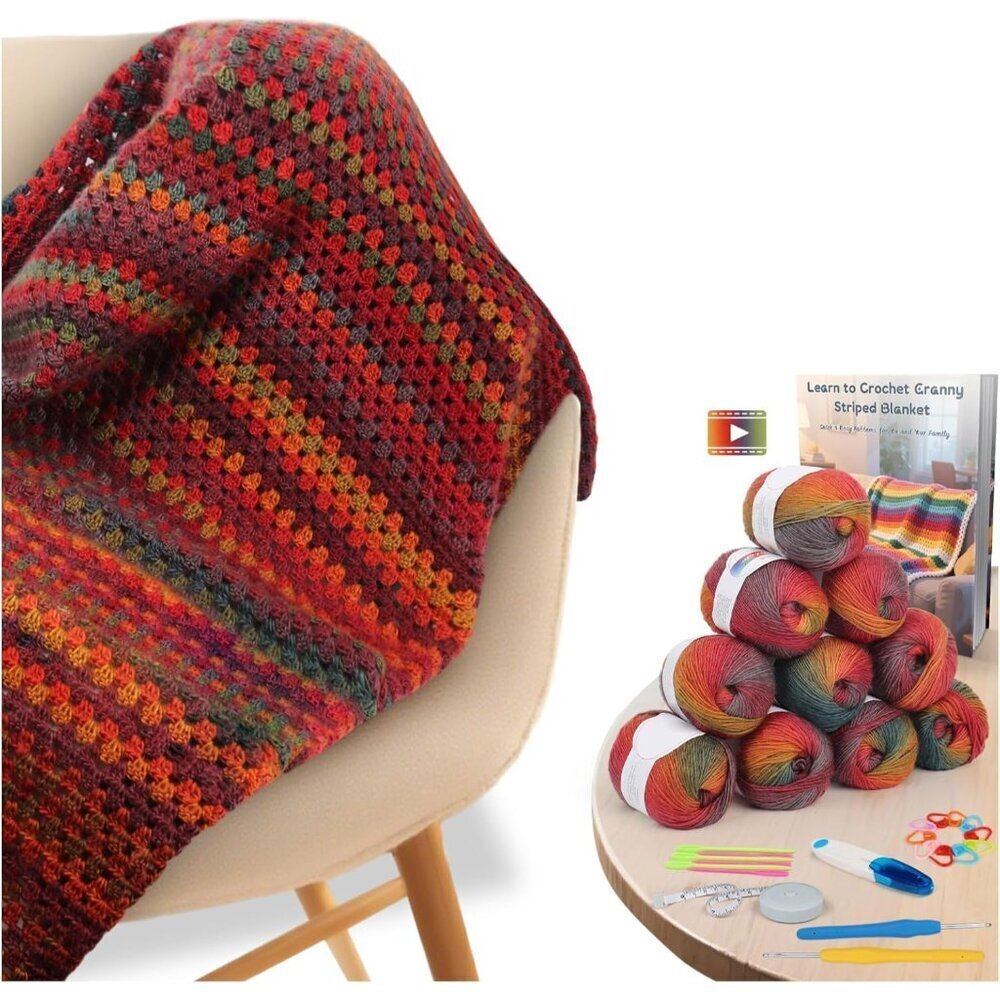 Beginner Crochet Kit for Blanket, Ombre Rainbow Blanket, Complete Starter